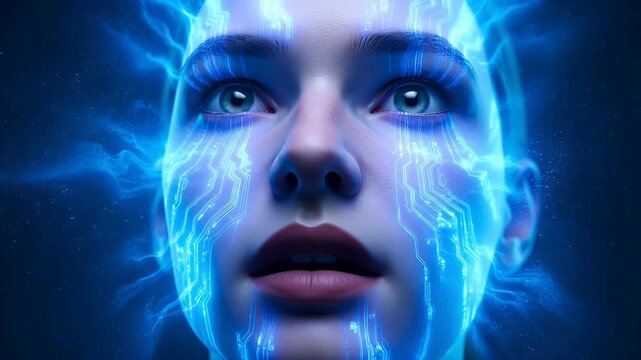 Emotional Portrait of Young Woman with Tears in Blue Light with ai generated