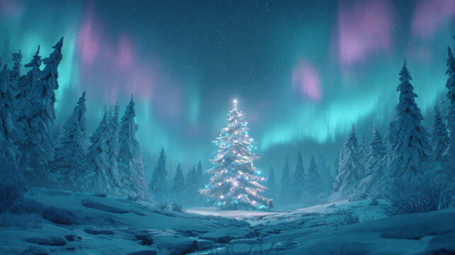 Christmas tree decorated with white lights in a snowy forest under the aurora borealis
