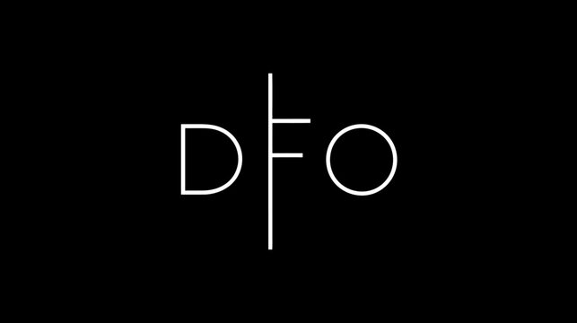 Modern minimalist DFO letters in white outline font on a deep black background, contemporary graphic design element