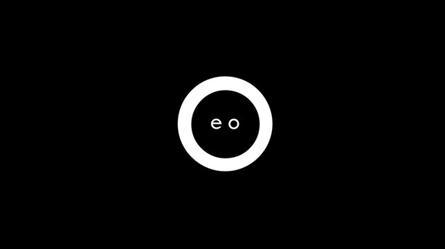 Abstract minimalist black and white face icon with 'eo' characters as eyes inside a white circle, simple digital design.