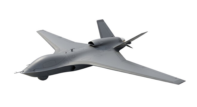A gray military drone flying in the sky on transparent background