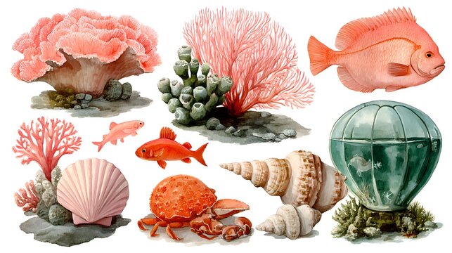 Beautiful watercolor painting showcases marine life including coral reefs, s, fish, and a small glass fishbowl with underwater plants.