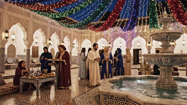 Elegant Middle Eastern celebration in illuminated traditional courtyard at night