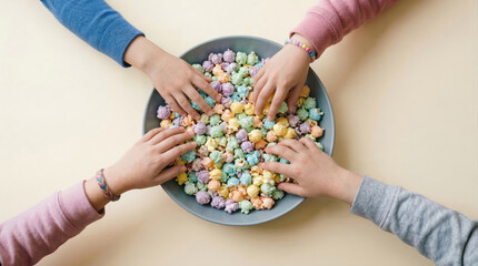 Obraz premium Top-down view of four diverse children's hands reaching into a gray bowl filled with vibrant, multi-colored pastel popcorn on a neutral background.