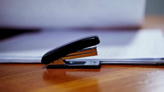 Stapler on Wooden Desk Securing Documents in Office Close-Up Slow Panning