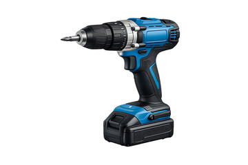 A detailed image of a cordless drill with a blue and black design.  isolated on transparent background