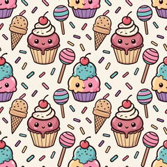 Background vector set pattern: Sweeten up your day with this delightful pattern of colorful cupcakes, ice cream cones, and lollipops!