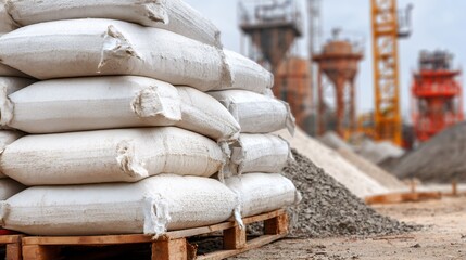 Obraz premium White cement bags stacked on a wooden pallet at a construction site
