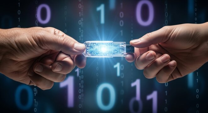 Man and woman hands holding a glowing USB flash drive. Data transfer and digital information exchange concept. Secure technology for business.