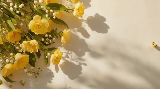 乳白色の背景で清潔感を高めた露と花のミニマルマクロ、余白広め