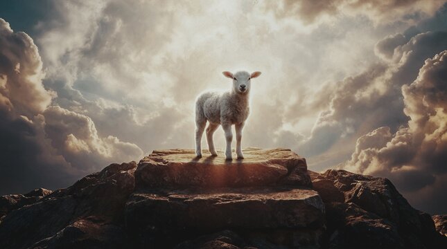 Small White Lamb Standing Alone on an Elevated Stone Platform in Supernatural Light