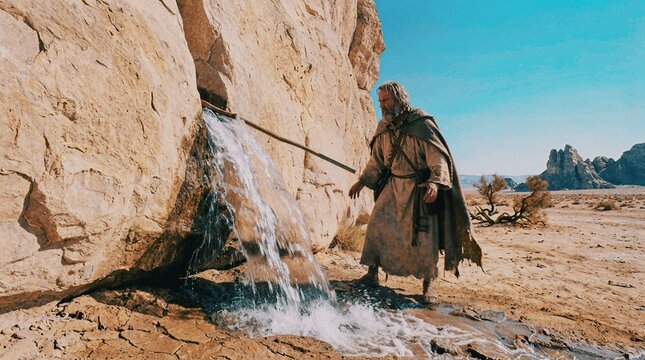 Lone Figure Striking a Desert Cliff Face with a Staff as Water Bursts from the Rock