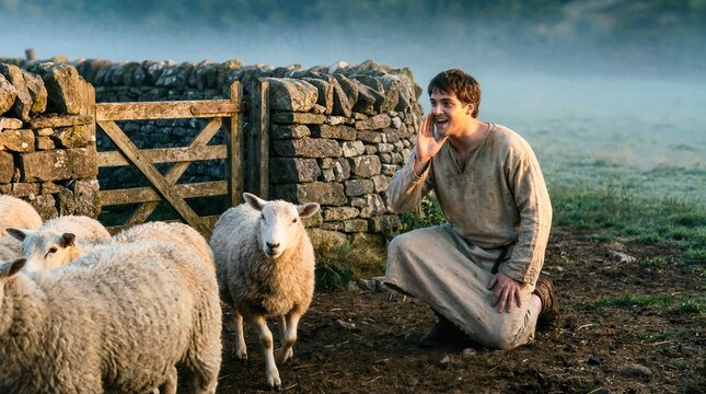 Shepherd Kneeling at the Edge of a Sheepfold with Mouth Open in a Call to Sheep