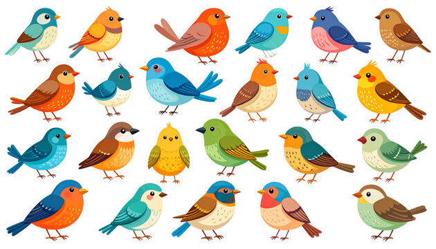 A collection of colorful songbirds featuring various species with bright plumage and distinct poses Vector