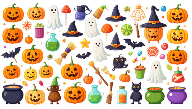 A collection of colorful halloween themed elements including pumpkins ghosts and witch accessories Vector