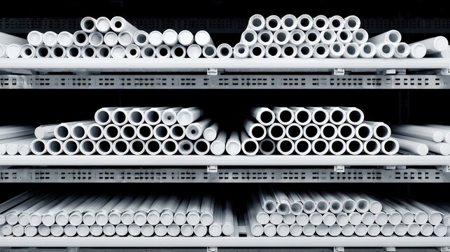 White plastic electrical conduits stacked on warehouse shelves