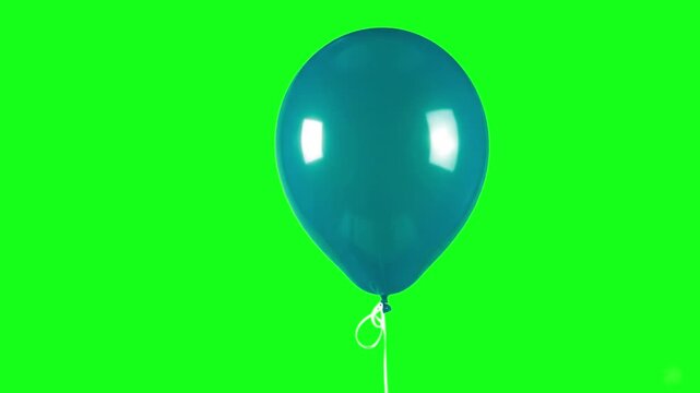 A photorealistic 3D animation of a single, inflated, highly-reflective blue-green (cyan) latex balloon, with a white knot and string attached, floating gently. This specific cool-toned visual is suita