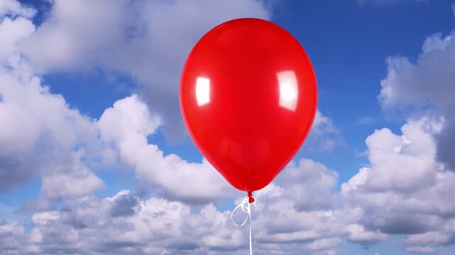 A glossy red latex balloon on a string, captured outdoors against a beautiful natural sky background. Suitable for summer festivals, outdoor celebrations, and happy lifestyle themes.