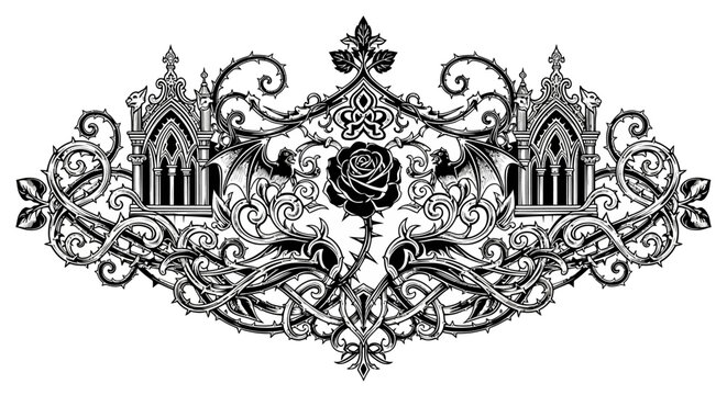 Intricate gothic ornament with rose architectural elements and vector design