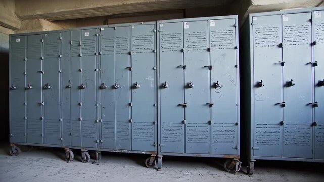 Dusty vintage metallic lockers on wheels in an old industrial building interior