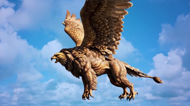 A majestic 3D animation of a golden griffin mythical creature with eagle wings and a lion body flying through a blue sky with soft white clouds. The scene captures the powerful movement and metallic t