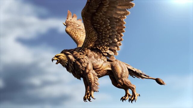 A majestic 3D animation of a golden griffin mythical creature with eagle wings and a lion body flying through a blue sky with soft white clouds. The scene captures the powerful movement and metallic t