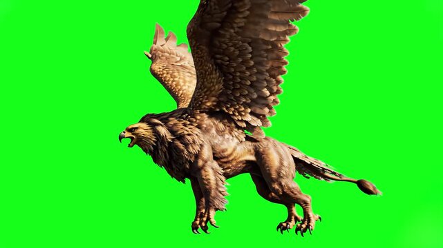 A high-quality 3D render animation of a powerful mythical griffin (half eagle, half lion) soaring through the air. The creature has detailed golden-brown plumage and fur, spread wide its massive feath