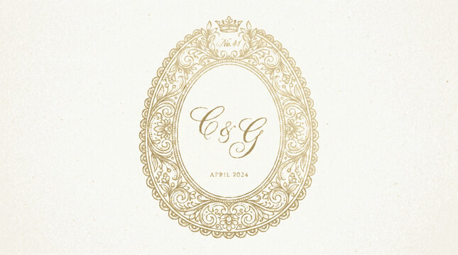 Elegant gold monogram frame with floral design and cursive letters on white background for wedding or luxury branding