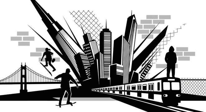Urban cityscape illustration featuring silhouettes of people and transportation
