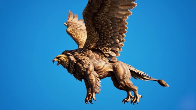 A majestic 3D animation of a golden griffin mythical creature with eagle wings and a lion body flying through a blue sky with soft white clouds. The scene captures the powerful movement and metallic t