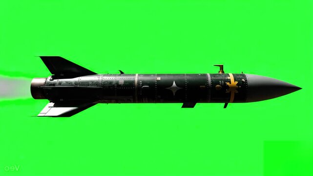 A side view of a long-range cruise missile isolated on a green screen background. The 3D render shows detailed markings and aerodynamic design for military-themed compositions.