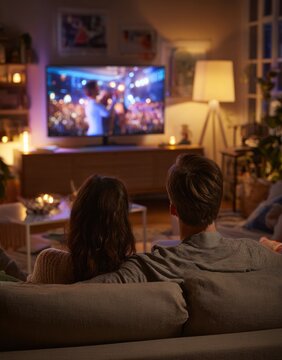Couple sitting on a comfortable sofa watching television in a cozy living room at night with warm lighting and decorative elements