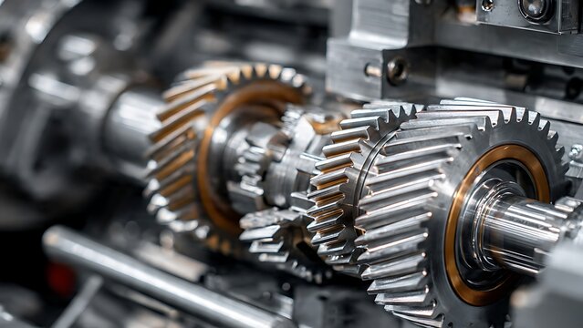 Close-up of precision metal gears in complex machinery