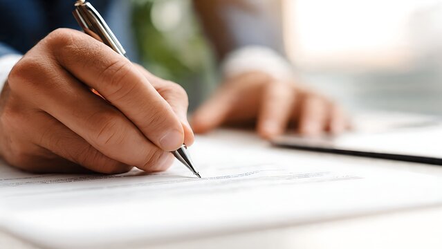 Close-up of person signing business contract with pen