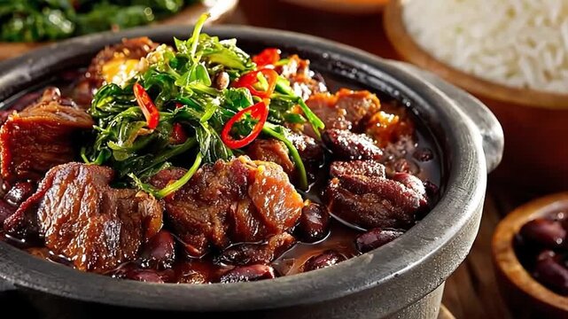 Feijoada served in a clay pot with black beans and pork meat. Traditional meal with rice and kale. Delicious food arrangement for gourmet dinner presentation.