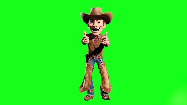 A comical 3D animation of a Caucasian man with light skin and brown hair dressed in full cowboy attire. He is wearing a brown hat and chaps, dancing joyfully while giving a double thumbs-up gesture ag