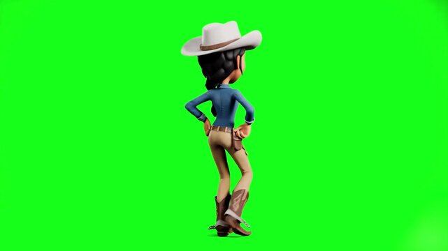 A stylized 3D animation of a Hispanic woman with medium skin and dark hair dressed as a cowgirl. She is wearing a white hat, blue shirt, and brown chaps, shown from the back while performing a dance o