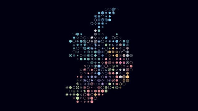 Ireland map animation. Shape of the country with pulsating colored dots. Large size circle blocks. Digital style Ireland map on dark background. Abstract video.
