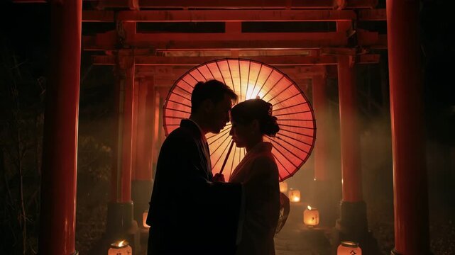 日本人の新郎新婦が提灯の灯る夜の鳥居で和傘に寄り添う