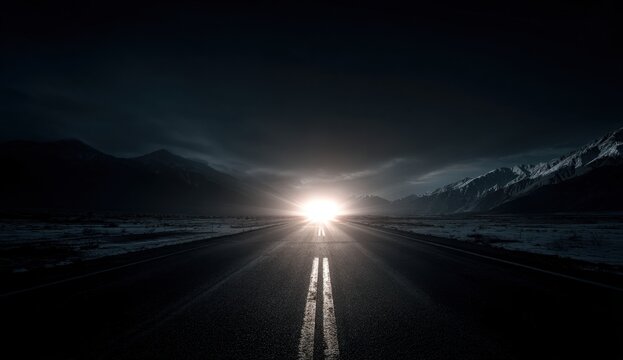 Dark asphalt road with bold white lane markings leading towards a bright horizon amidst snow-capped mountains and distant rugged peaks under a night sky
