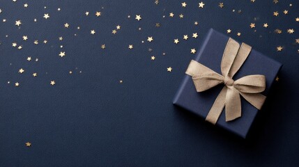 Obraz premium Dark blue gift box with a textured beige satin ribbon bow on a navy background decorated with scattered gold star-shaped confetti