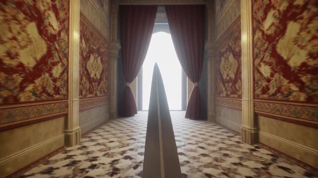 Cinematic sword slash tearing through decorative tapestry in palace