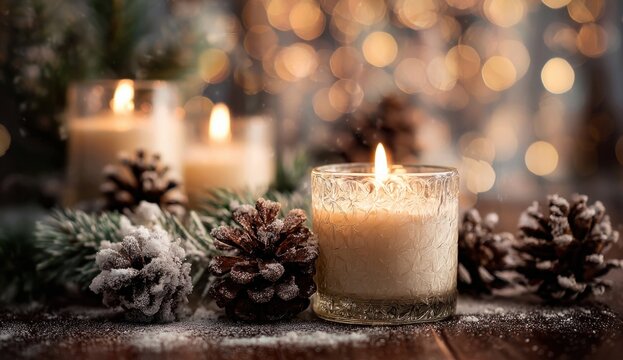Decorative scented candles with textured wax surfaces surrounded by frosted pinecones and greenery for holiday or winter ambiance