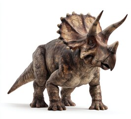 Fototapeta premium Detailed side view of a triceratops dinosaur with textured skin, prominent horns, and bony frill, standing against a plain white background