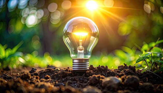 A light bulb is lit and placed in the soil with the sun shining brightly in the background.