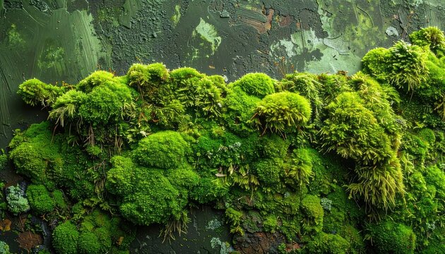 A vibrant tapestry of lush green moss covers a textured, dark surface.