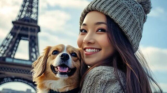 Asian woman wearing wool hat posing with happy dog in front of landmark tower. Girl enjoying vacation in city. Travel lifestyle and friendship with pet concept.