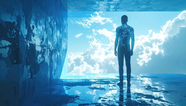 A solitary figure stands at the threshold of reality, gazing into an infinite sky.