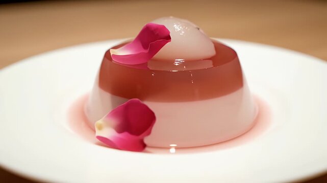 Delicate Rose Lychee Panna Cotta Dessert With Pink Rose Petals On White Plate Elegant Food Presentation Macro Detail Gentle Lighting Loop