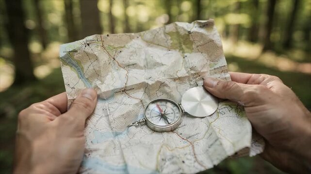 Man hands holding metal compass on paper map in forest. Hiker navigating with equipment to find direction. Adventure travel concept for trekking and exploration.
